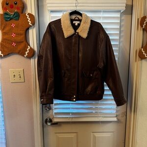 And Now This Cropped Brown Faux Leather Jacket w/ Faux Fur Collar